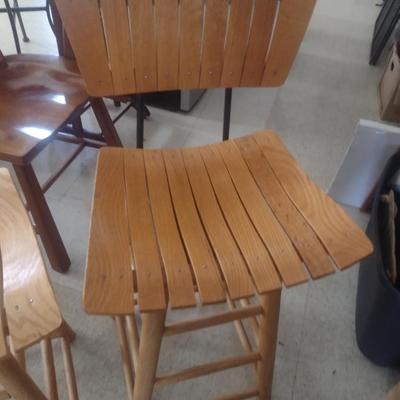 Pair of Vintage Stationary Wood Slat Bar Stools