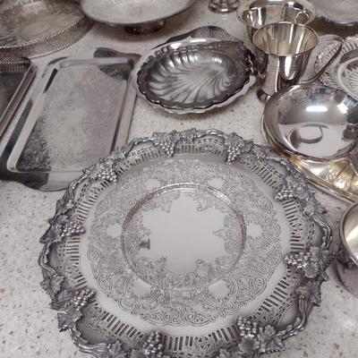 Large Collection of Metal Serve Ware and Tidbit Trays- Some Silver Plated- Assorted Makers