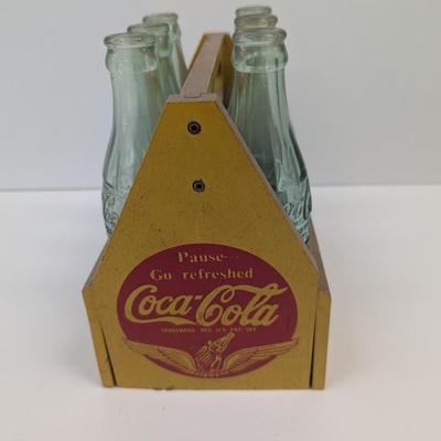 Vintage Coca-Cola Wooden 6 Pack Carrier With Bottles From Different Towns