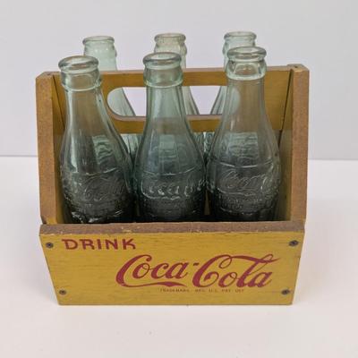 Vintage Coca-Cola Wooden 6 Pack Carrier With Bottles From Different Towns
