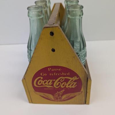 Vintage Coca-Cola Wooden 6 Pack Carrier With Bottles From Different Towns