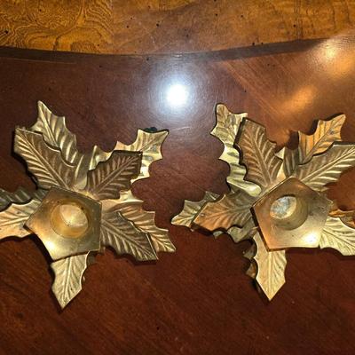 Pair of brass leaf candle holders