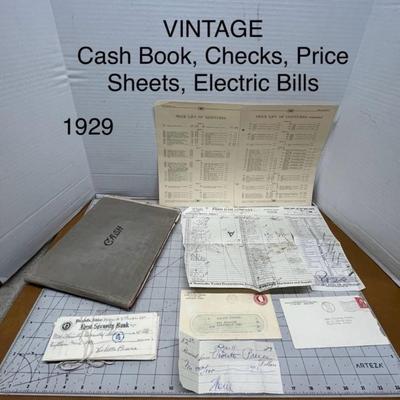 Vintage 1929 Cash Book & Ephemera Collection – Checks, Price Sheets, Utility Bills