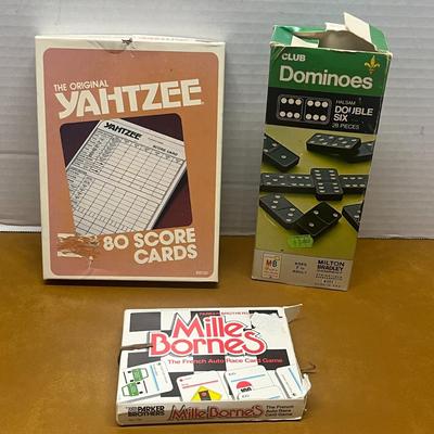 Vintage Game Lot – Yahtzee Score Cards, Club Dominoes, Mille Bornes Card Game