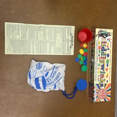 Mixed Vintage Tabletop Game Lot – Tiddlywinks, Dice Games, and Wooden Tic-Tac-Toe