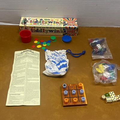 Mixed Vintage Tabletop Game Lot – Tiddlywinks, Dice Games, and Wooden Tic-Tac-Toe