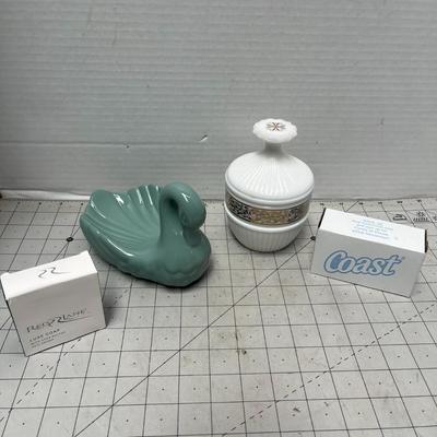Vintage Ceramic Swan Soap Dish, White Lidded Container & Bars of Soap