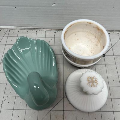 Vintage Ceramic Swan Soap Dish, White Lidded Container & Bars of Soap