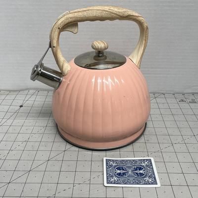 NEW! Pink Whistling Tea Kettle with Wooden Handle