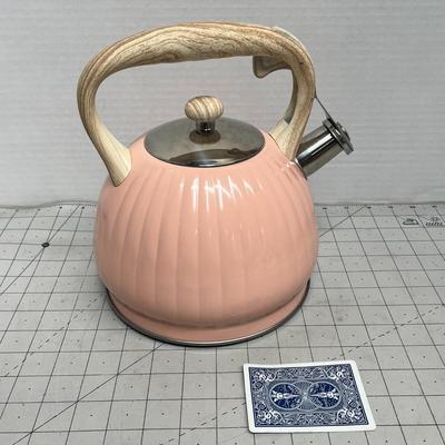 NEW! Pink Whistling Tea Kettle with Wooden Handle