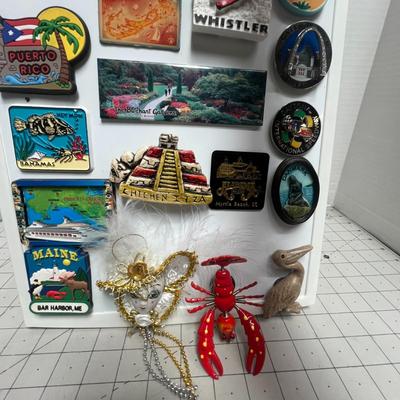 Sale Photo Thumbnail #1569: Large board filled with assorted colorful travel magnets from destinations around the world—great for collectors.







