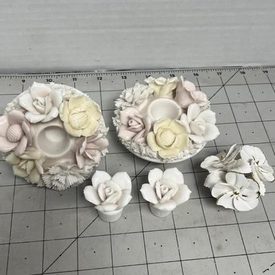 Porcelain Floral Candle Holders and Vase Set