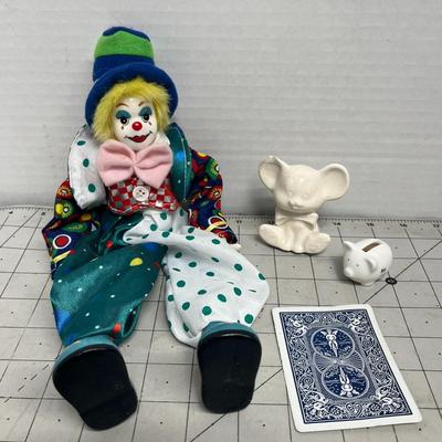 Decorative Clown Doll and Ceramic Animal Figurines Set