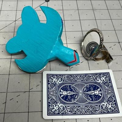 Sale Photo Thumbnail #1669: Includes 2 ornate coasters, colorful turtle figurine, small jar, and miniature mirror ring stand.