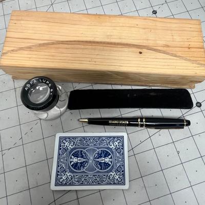 Gary Patterson Office Chaos Print, Nice Idaho State University Pen, Magnifying Glass & Paper Holder