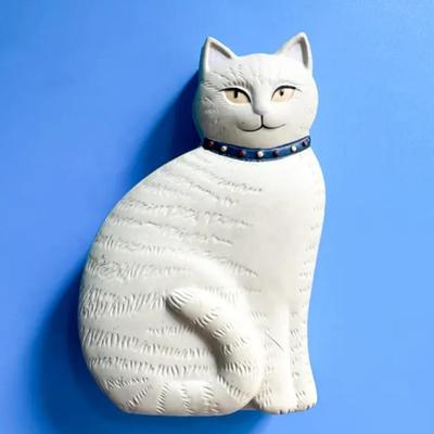Vintage Ceramic Folk Art Style Cat Figurine With Glazed Collar Japan 8" Tall