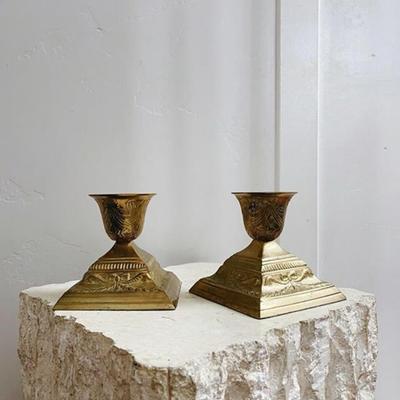 Pair of Vintage French Provincial Brass Candle Stick Holders w/Embossed Details