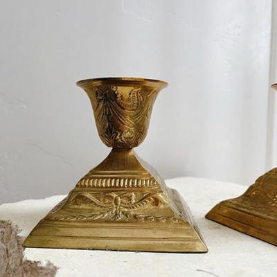Pair of Vintage French Provincial Brass Candle Stick Holders w/Embossed Details