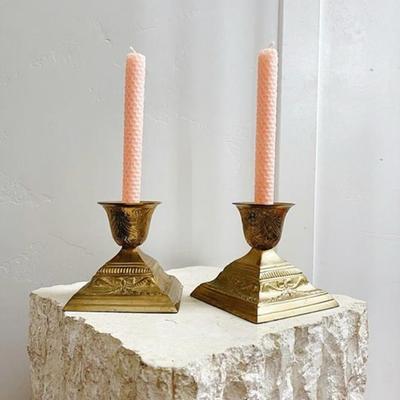 Pair of Vintage French Provincial Brass Candle Stick Holders w/Embossed Details