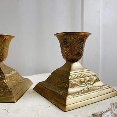Pair of Vintage French Provincial Brass Candle Stick Holders w/Embossed Details