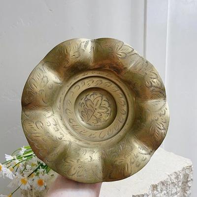 Vintage Harilela’s India 158 Brass Pedestal Decorative Etched Bowl Wavy Sides 8"