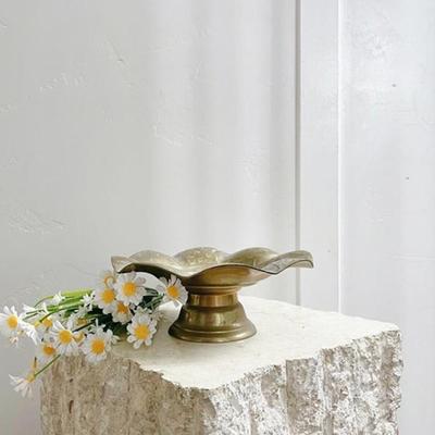 Vintage Harilela’s India 158 Brass Pedestal Decorative Etched Bowl Wavy Sides 8"