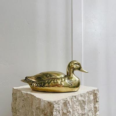 Vintage Mid Century Brass Mallard Duck Container Trinket Box w/Hinged Tail Lid