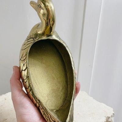 Vintage Mid Century Brass Mallard Duck Container Trinket Box w/Hinged Tail Lid