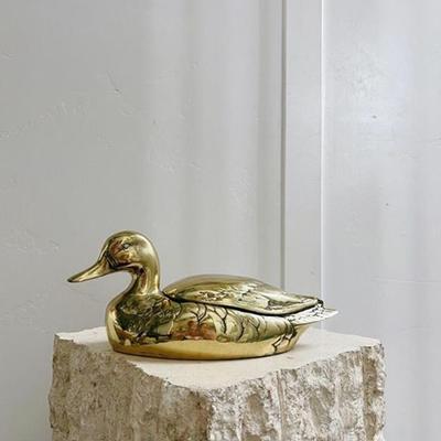 Vintage Mid Century Brass Mallard Duck Container Trinket Box w/Hinged Tail Lid