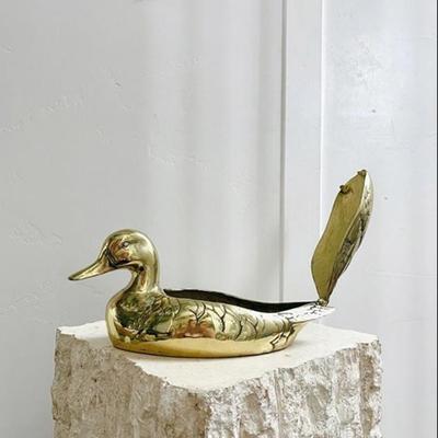 Vintage Mid Century Brass Mallard Duck Container Trinket Box w/Hinged Tail Lid