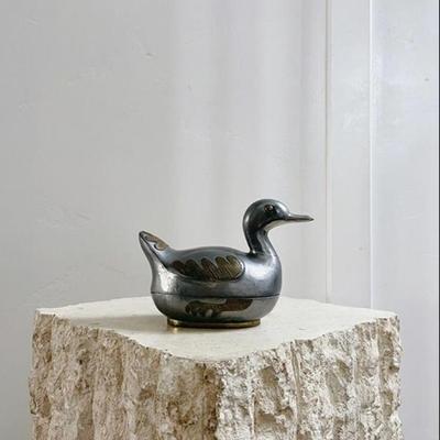 Vintage 1970’s Pewter & Brass Duck Bird Lidded Trinket Box Container Ring Dish