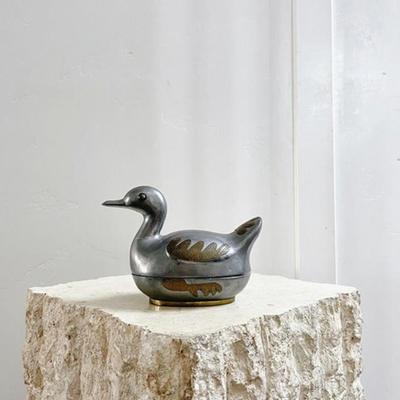 Vintage 1970’s Pewter & Brass Duck Bird Lidded Trinket Box Container Ring Dish