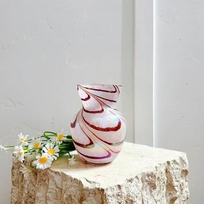 Vintage Pink & Maroon Art Glass Vase Swirl Pattern Collectible Studio Glass