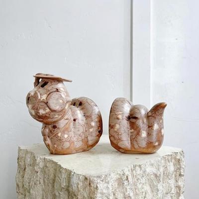 Vintage 1970’s Brown Marbled Ceramic Glazed Bookworm Bookends Library Office