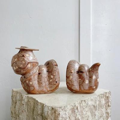 Vintage 1970’s Brown Marbled Ceramic Glazed Bookworm Bookends Library Office
