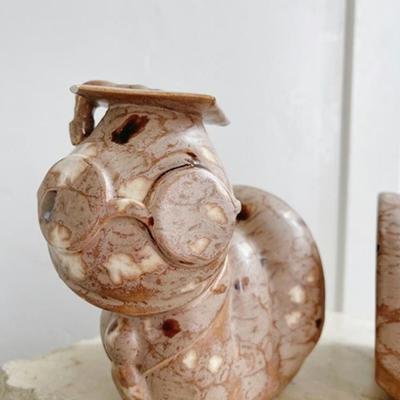 Vintage 1970’s Brown Marbled Ceramic Glazed Bookworm Bookends Library Office