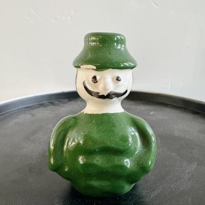 Vintage Green Mustached Man Ceramic Candle Holder/Bud Vase Unsigned 3"