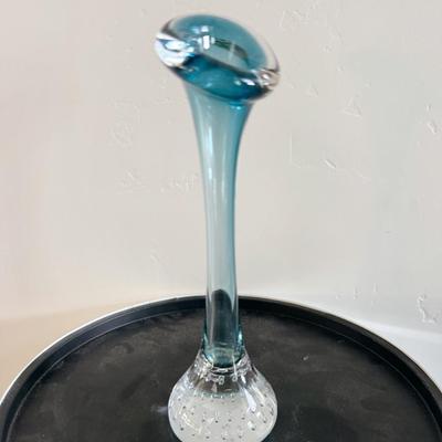 Vintage 1970’s Swedish Aseda Art Glass 7.25” Blue Calla Lily Bud Vase Bubble Bottom