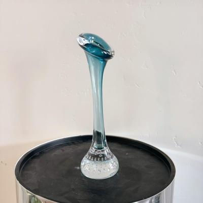 Vintage 1970’s Swedish Aseda Art Glass 7.25” Blue Calla Lily Bud Vase Bubble Bottom