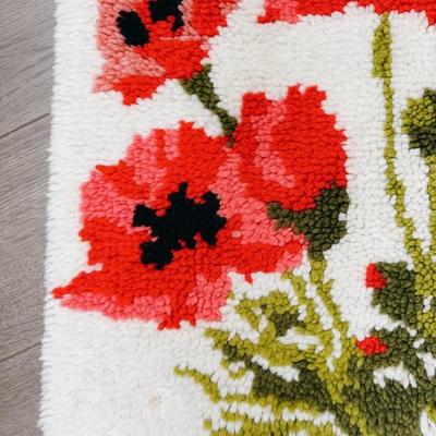 Vintage Mid Century 1960's Red Poppy Latch Hooked Rug Fiber Wall Hanging Art