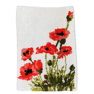 Vintage Mid Century 1960's Red Poppy Latch Hooked Rug Fiber Wall Hanging Art