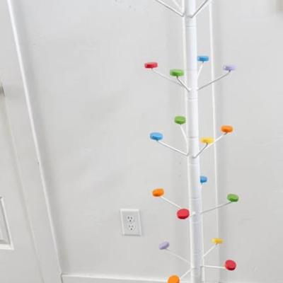 SARATOGA SPRINGS PICK UP - Vintage 1980’s Postmodern White Metal Coat Rack w/Multi-Colored Disc Hooks