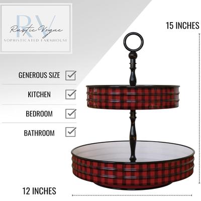 2-Tier Red & Black Plaid Tray Stand - Elegant Farmhouse Metal Tray - Storage Organizer for Use in Bathroom, Bedroom, Office &...