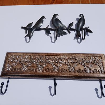 Lot of 2 Wall Hook Racks – Bird Motif & Carved Wood Floral Design