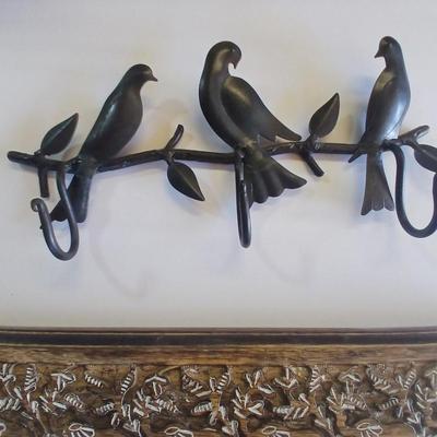 Lot of 2 Wall Hook Racks – Bird Motif & Carved Wood Floral Design