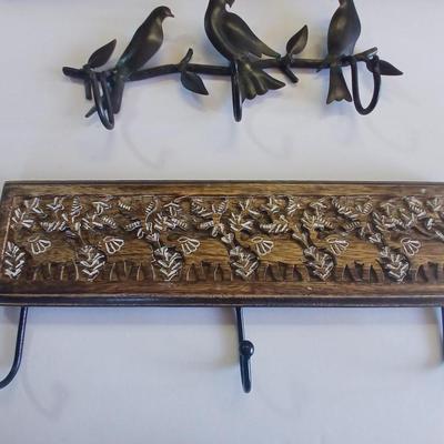 Lot of 2 Wall Hook Racks – Bird Motif & Carved Wood Floral Design