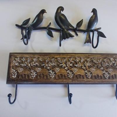 Lot of 2 Wall Hook Racks – Bird Motif & Carved Wood Floral Design