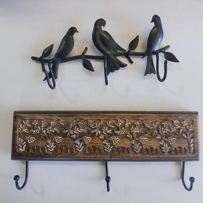 Lot of 2 Wall Hook Racks – Bird Motif & Carved Wood Floral Design