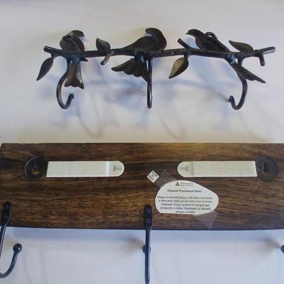 Lot of 2 Wall Hook Racks – Bird Motif & Carved Wood Floral Design