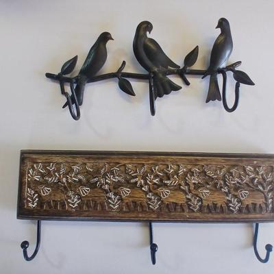 Lot of 2 Wall Hook Racks – Bird Motif & Carved Wood Floral Design